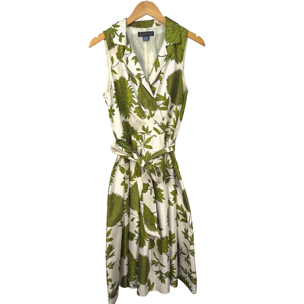 Jessica Howard Womens Green White Floral Faux Wrap Sleeveless Fit Flare Dress 12